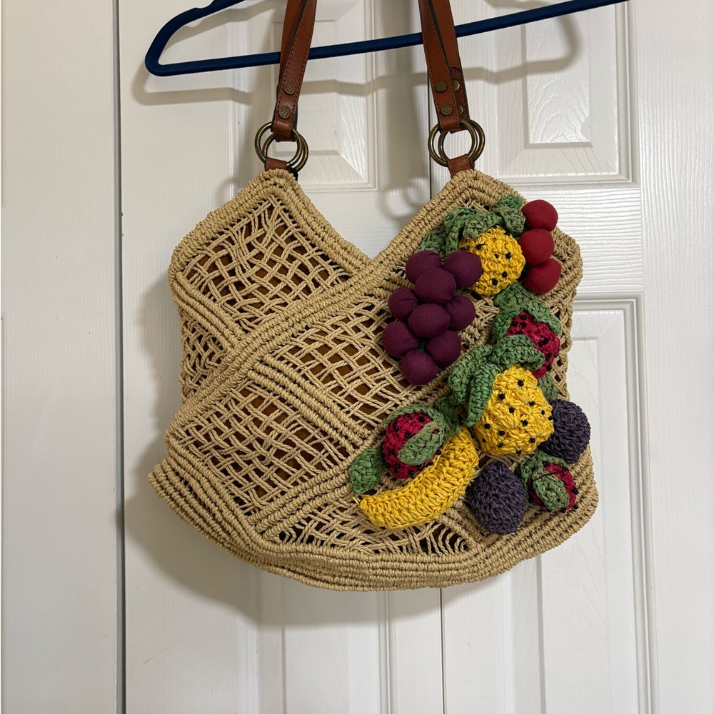 Patricia Nash Tan Woven Bag with Colorful Fruit Accents